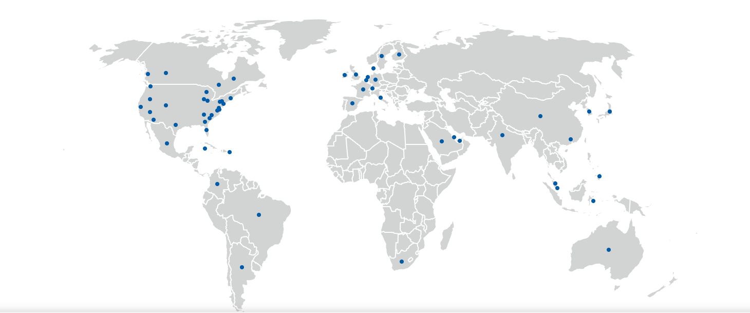 World map showing F.T.I.O. office locations